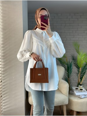 Güpür Püsküllü Ham Keten Balon Kol Gömlek -Ekru