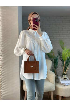 Güpür Püsküllü Ham Keten Balon Kol Gömlek -Ekru