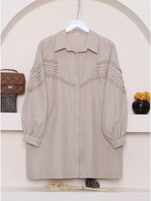 Boydan Düğmeli Omuzu  Ve Önü Fistolu Gömlek   -Açık Vizon