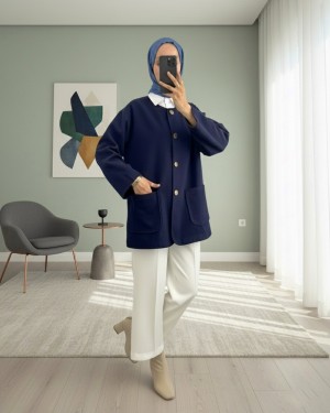Double Pocket Buttoned Front Cashmere Jacket -Navy blue