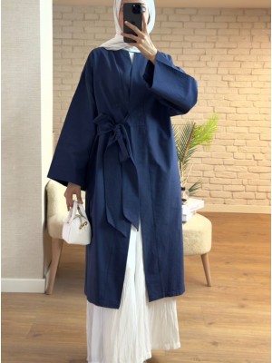 Long Kimono with Side Tie Pockets -Navy blue