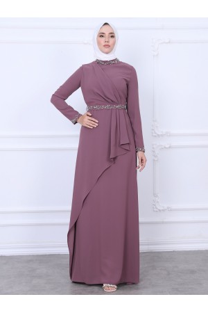 Hakim Yaka Kemeri ve Kolları Boncuk Detaylı Abiye  -Vişne