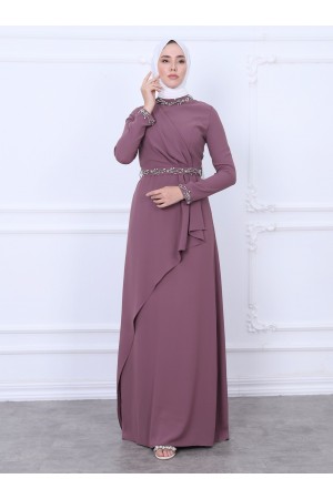Bead Detailed Evening Dress with Judge Collar Belt and Sleeves  -Cherry Color