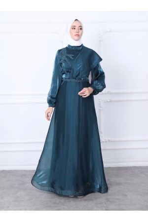 Shoulder Detailed Balloon Sleeve Beaded Embroidered Evening Dress  -Emerald