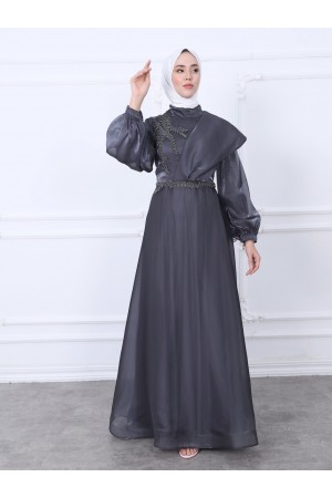 Omuz Detaylı Balon Kol Boncuk Nakışlı Abiye -Füme