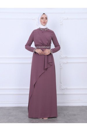 Hakim Yaka Kemeri ve Kolları Boncuk Detaylı Abiye  -Vişne