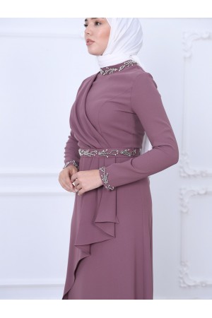 Hakim Yaka Kemeri ve Kolları Boncuk Detaylı Abiye  -Vişne