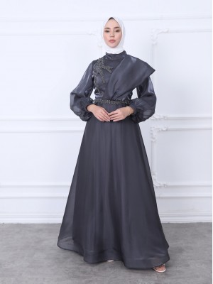 Omuz Detaylı Balon Kol Boncuk Nakışlı Abiye -Füme