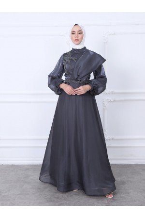Omuz Detaylı Balon Kol Boncuk Nakışlı Abiye -Füme