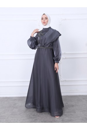 Omuz Detaylı Balon Kol Boncuk Nakışlı Abiye -Füme