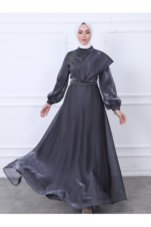 Omuz Detaylı Balon Kol Boncuk Nakışlı Abiye -Füme