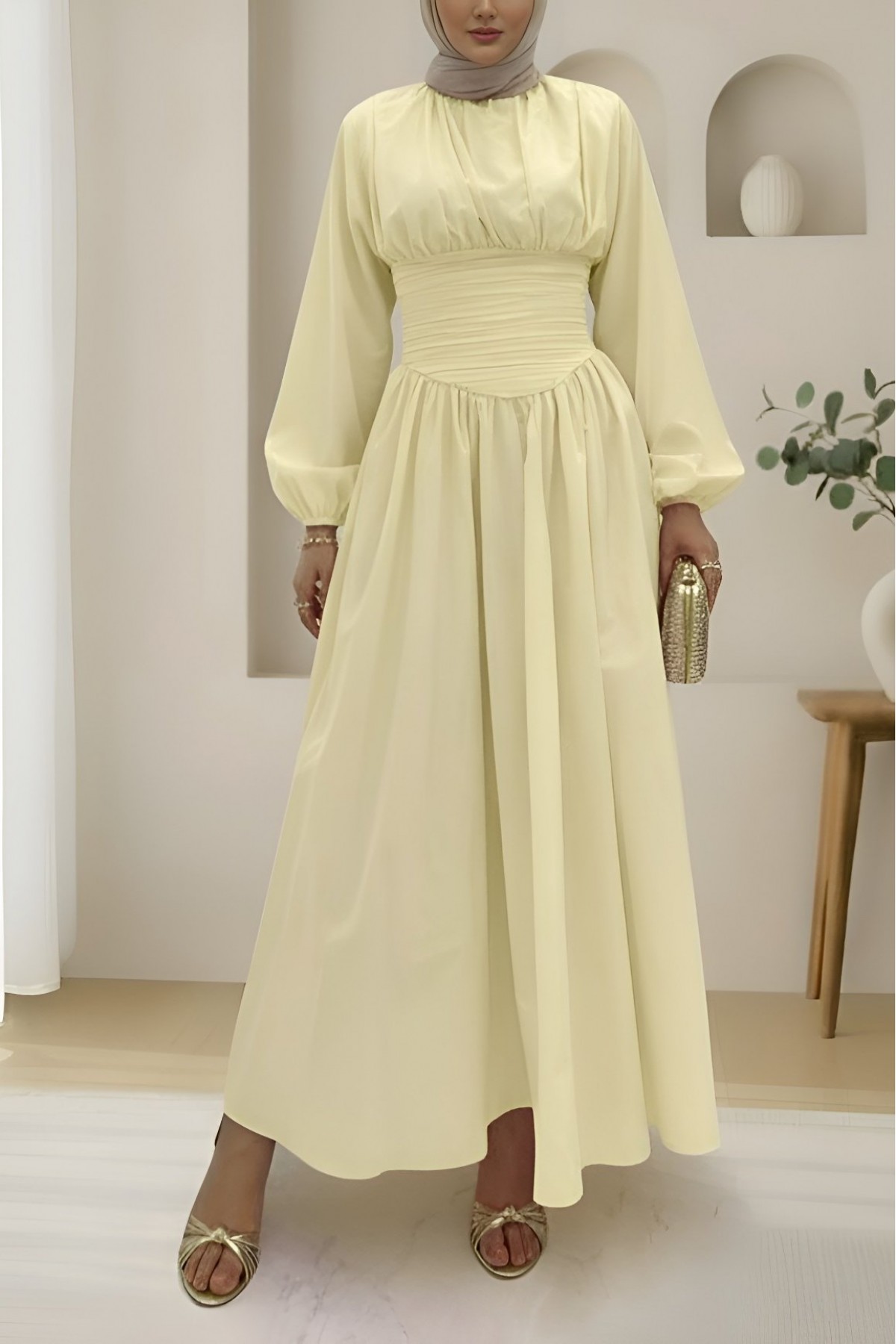 Poplin Dress with Pleated Front and Elasticated Sleeves and Zipper -Light yellow