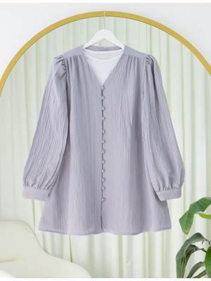 Top Düğmeli V Yaka Krinkıl Gömlek -Gri