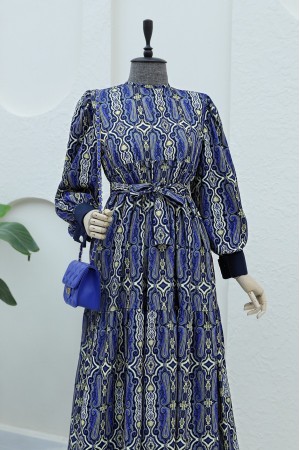 Kolu Manşeti Katlamalı Beli Bağcıklı Çift Cepli Elbise -K.Laci