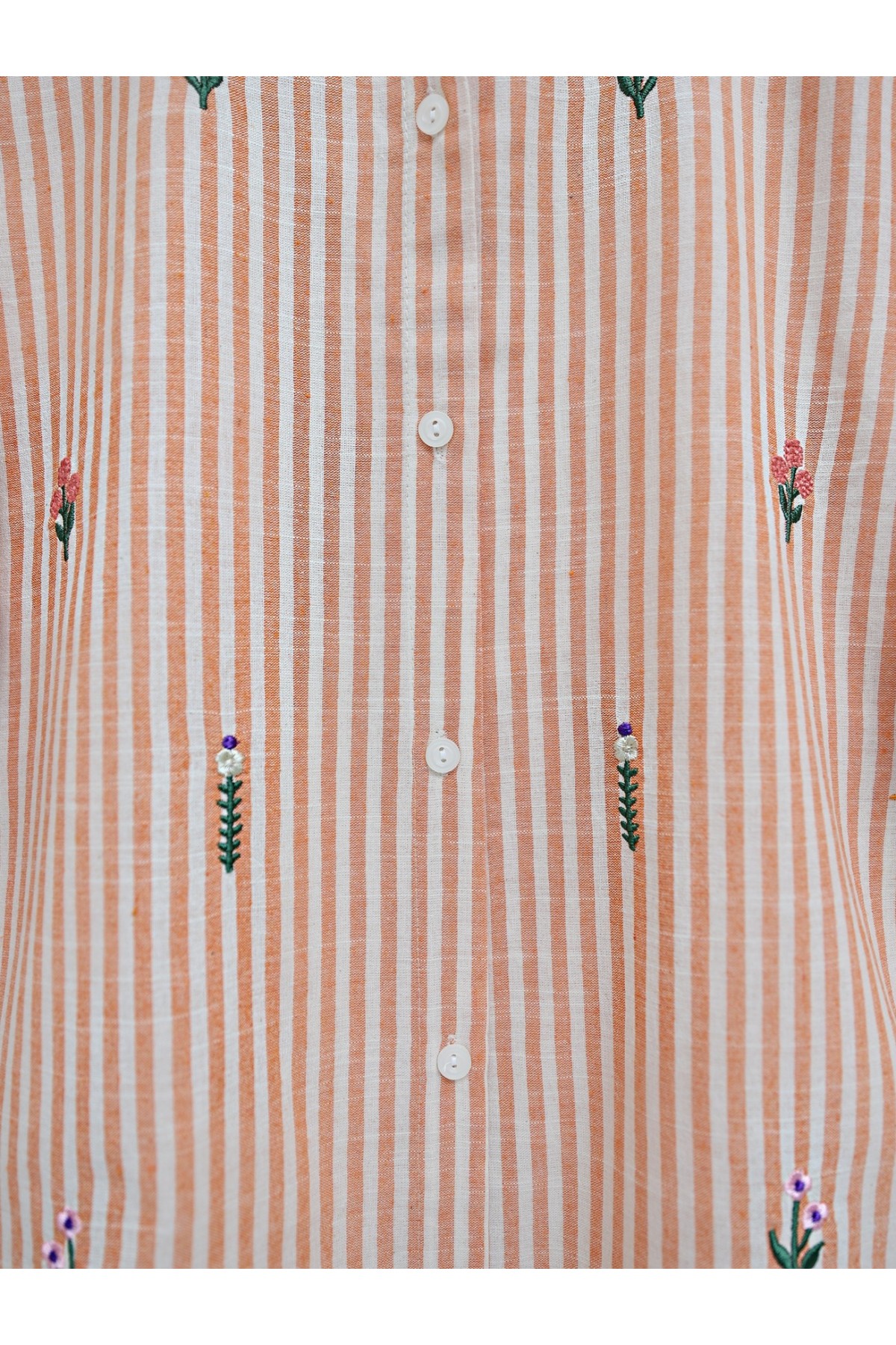 Rose Embroidered Striped Linen Shirt -Orange