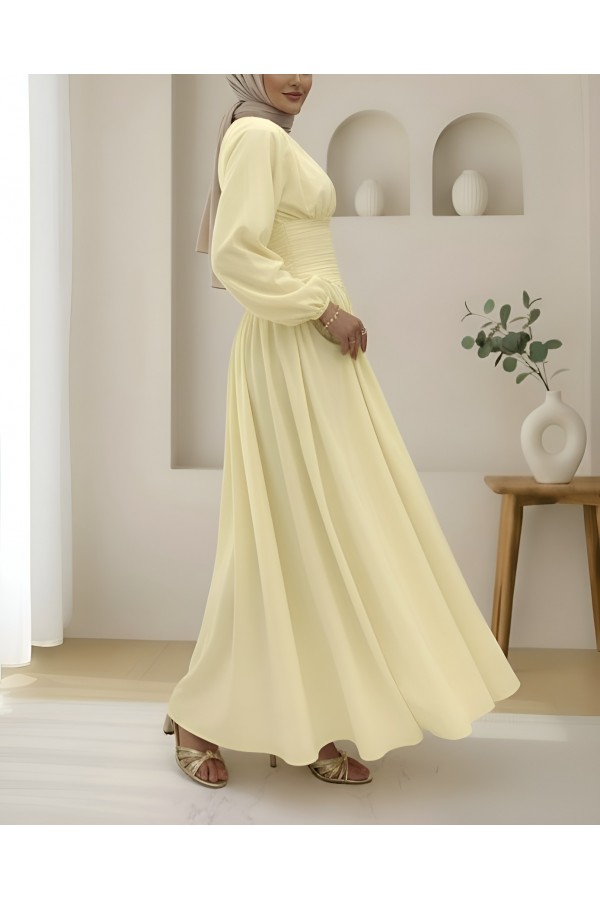 Poplin Dress with Pleated Front and Elasticated Sleeves and Zipper -Light yellow