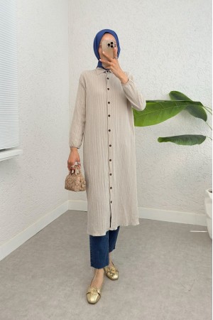 Boydan Düğmeli Kolu Lastikli Uzun Krinkıl Tunik  -Taş
