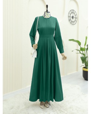 Pleated Round Neck Belted Long Dress -Emerald