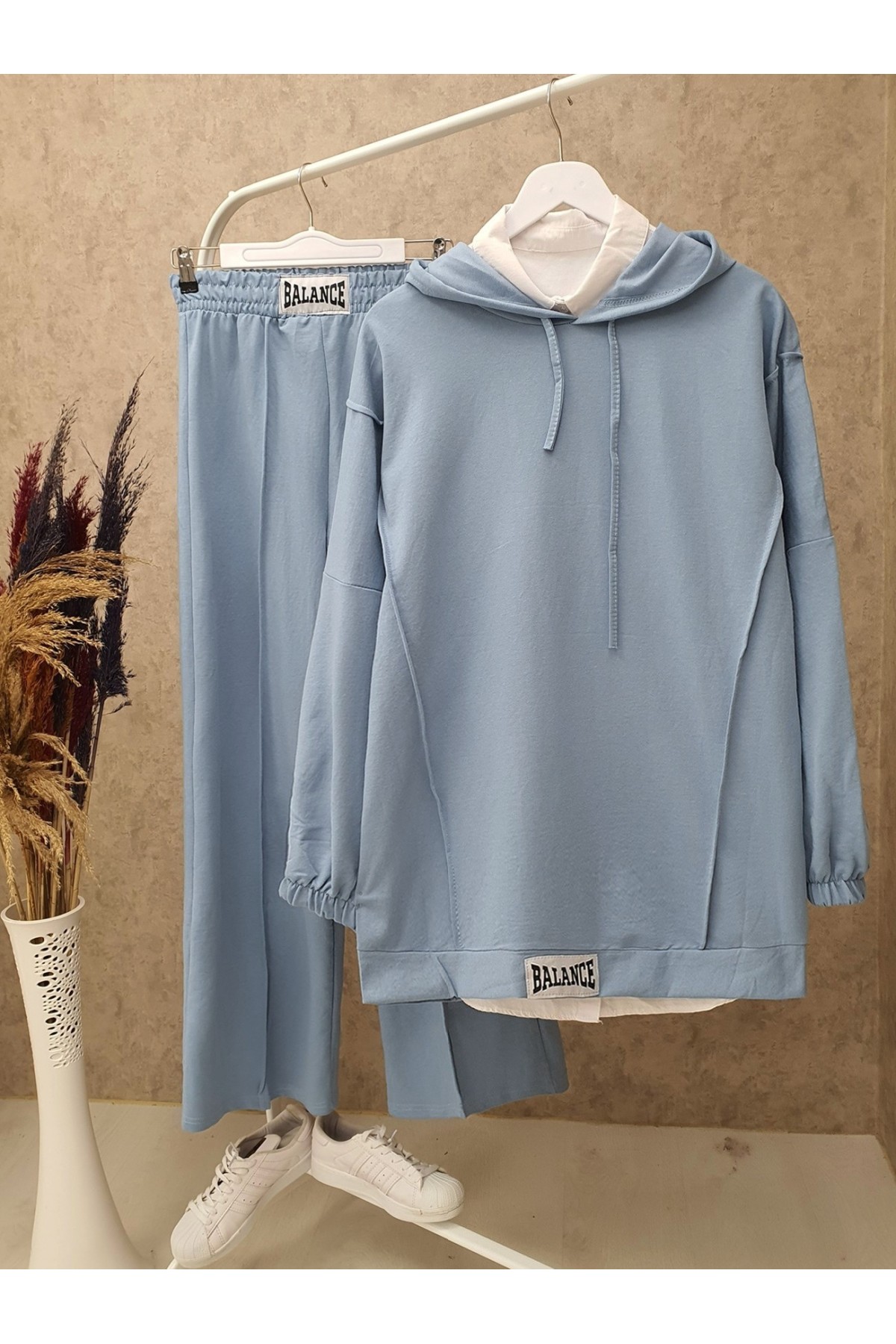 Rigging Detailed Hooded Combed Combed Set   -Baby Blue
