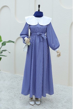 Baby Collar Striped Long Dress with Elastic Waist -Navy blue