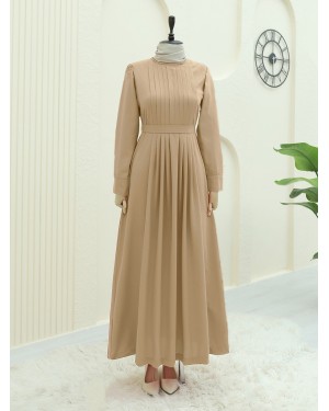 Pleated Round Neck Belted Long Dress -Mink color