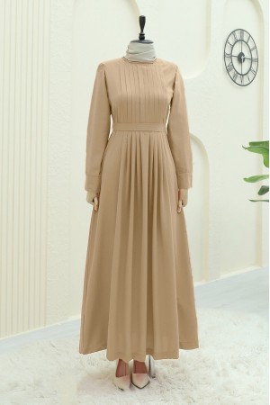 Pliseli Yuvarlak Yaka Kuşaklı Uzun Elbise  -Vizon