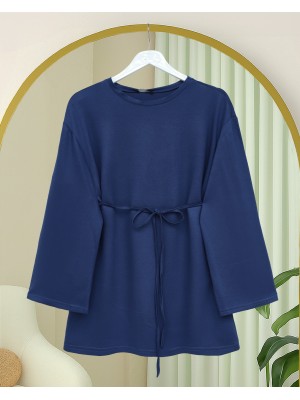 Yuvarlak Yaka Beli Bağlamalı Penye Tunik -Laci
