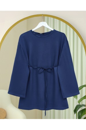 Yuvarlak Yaka Beli Bağlamalı Penye Tunik -Laci