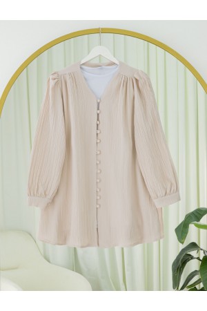 Top Düğmeli V Yaka Krinkıl Gömlek -Bej