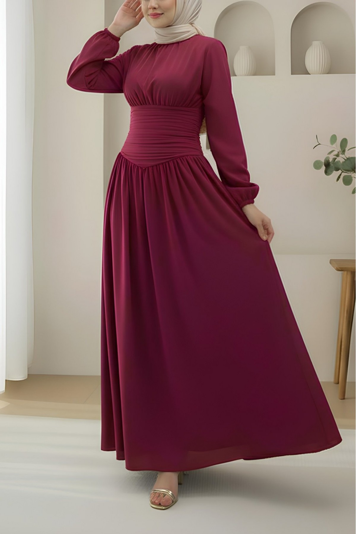 Poplin Dress with Pleated Front and Elasticated Sleeves and Zipper -Maroon