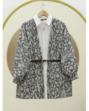 Leopar Desenli Balon Kol Salaş Ceket -Gri