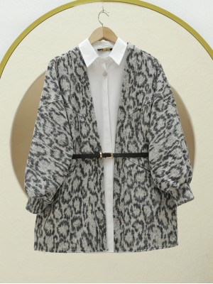 Leopar Desenli Balon Kol Salaş Ceket -Gri