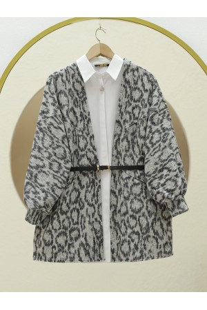 Leopard Patterned Balloon Sleeve Casual Jacket -Grey