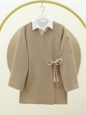 Side Tie Boucle Kimono -Mink color
