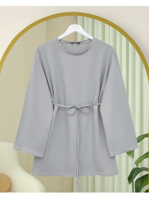 Yuvarlak Yaka Beli Bağlamalı Penye Tunik -Açık Gri