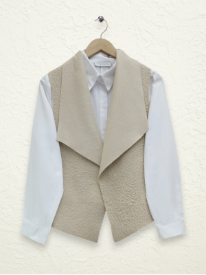 Kruvaze Yaka Buklet Yelek -Bej