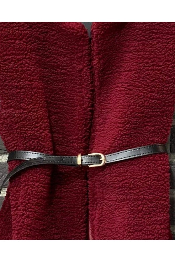 Beli Kemerli Çift Cepli Astarlı Peluş Yelek -Bordo