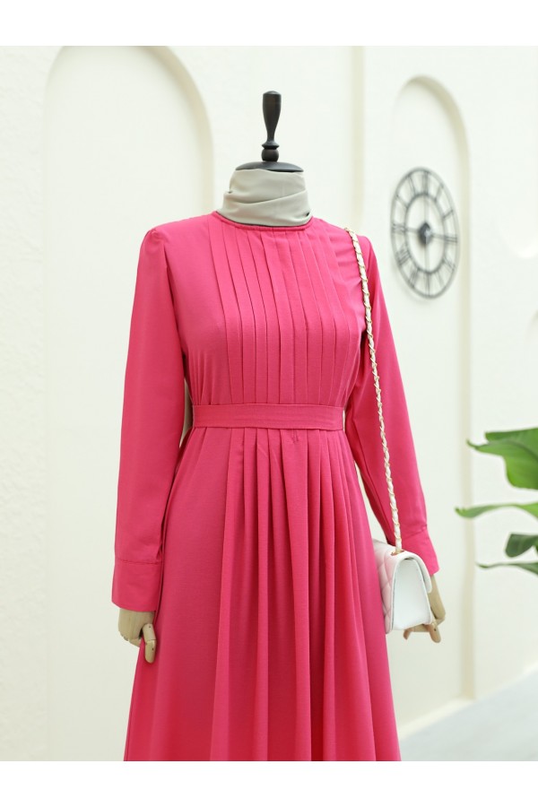 Pleated Round Neck Belted Long Dress -Fuchsia