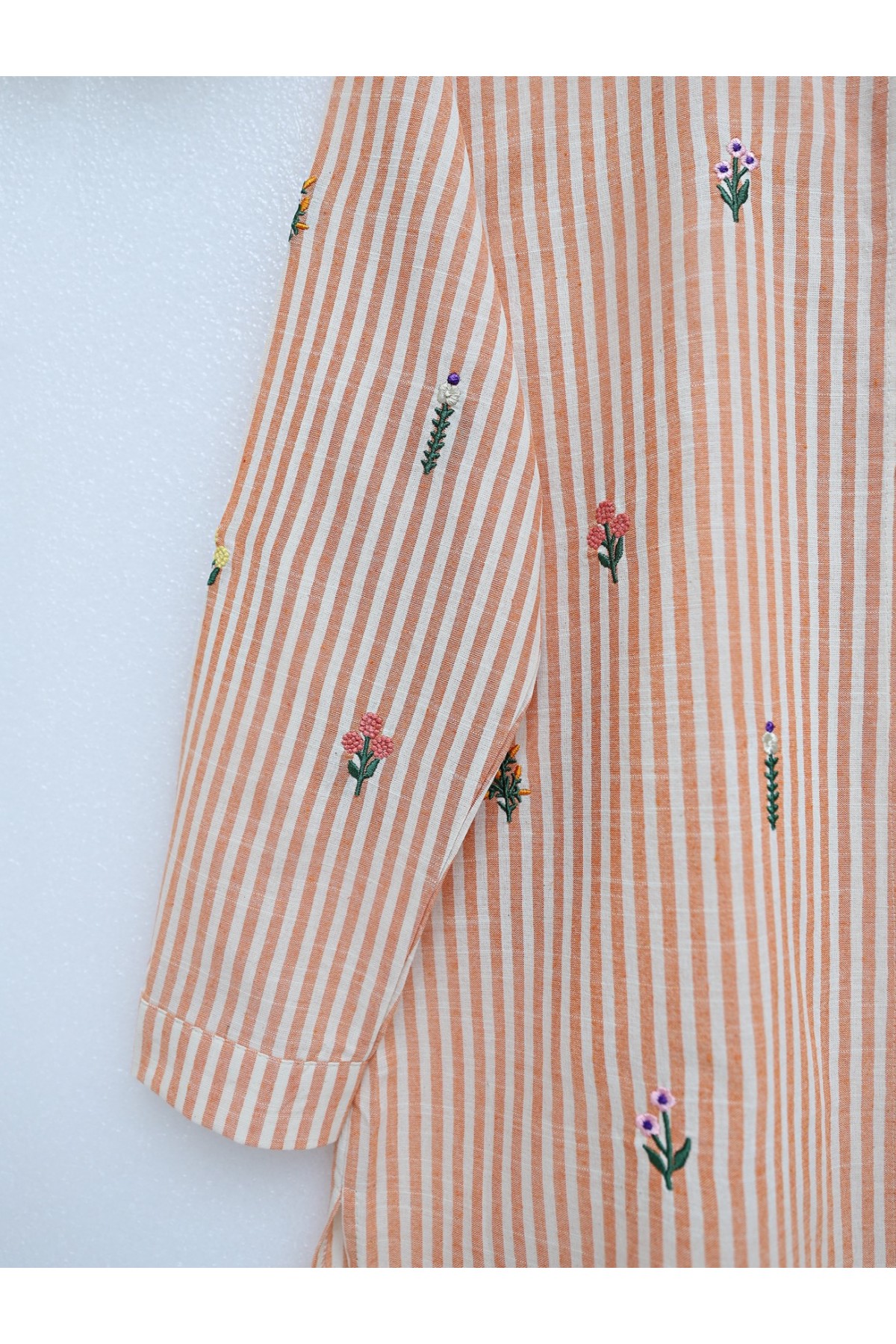 Rose Embroidered Striped Linen Shirt -Orange