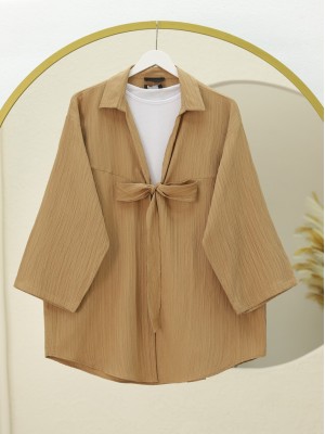 Front Tie Crinkle Kimono -Mink color
