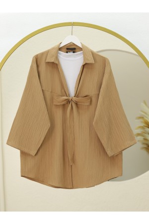 Front Tie Crinkle Kimono -Mink color