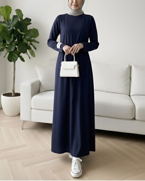 Round Neck Tied Waist Oysho Dress -Navy blue