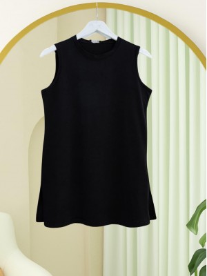 Round Neck Slit Zero Sleeve Combed Cotton Underwear -Black