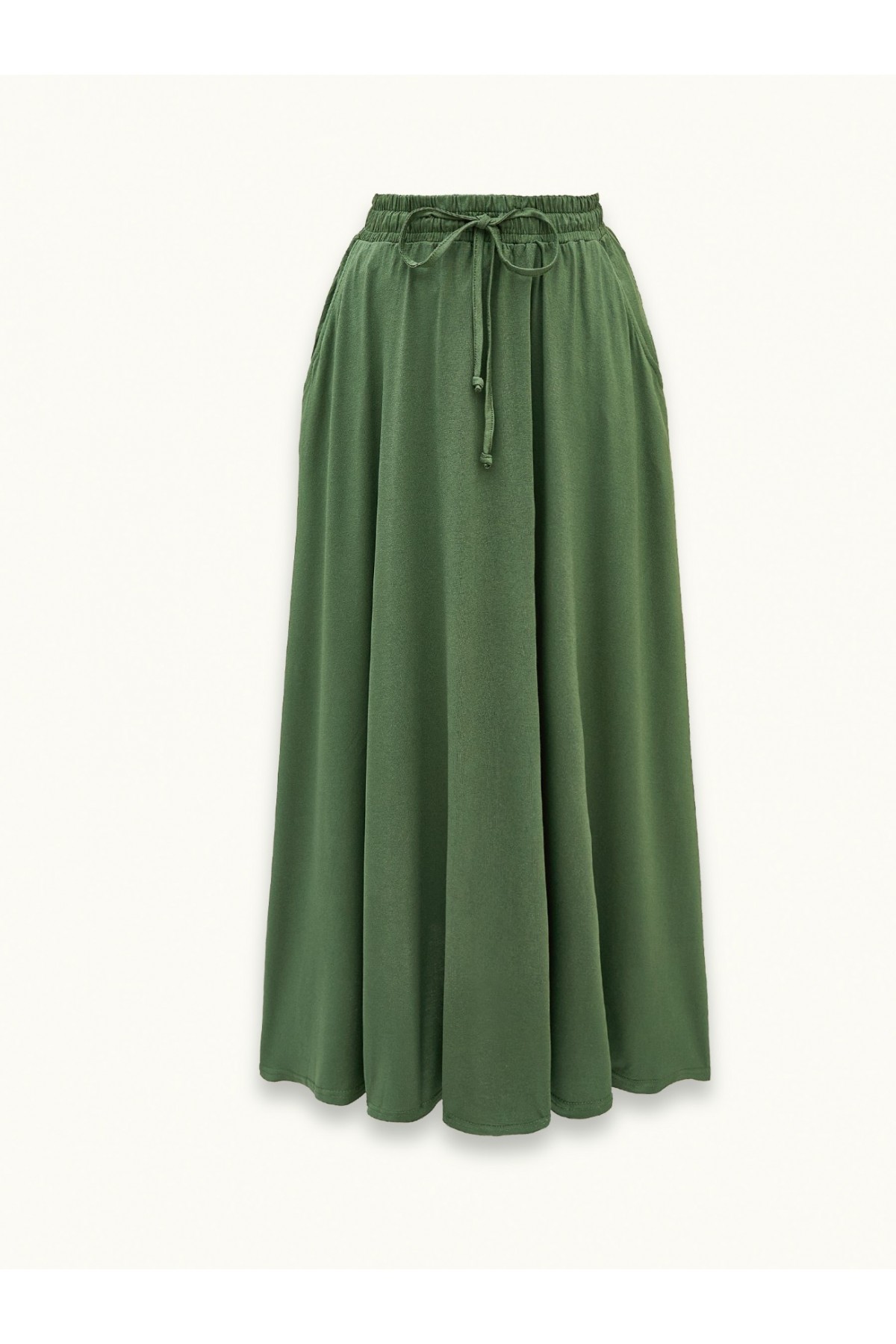Elasticated Combed Cotton Skirt with Tied Waist and Pocket -Khaki