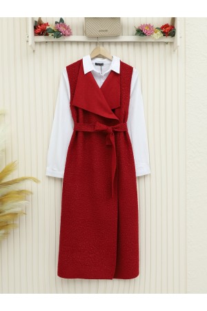Kemerli Uzun Buklet Yelek -Bordo