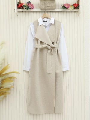 Kemerli Uzun Buklet Yelek -Bej