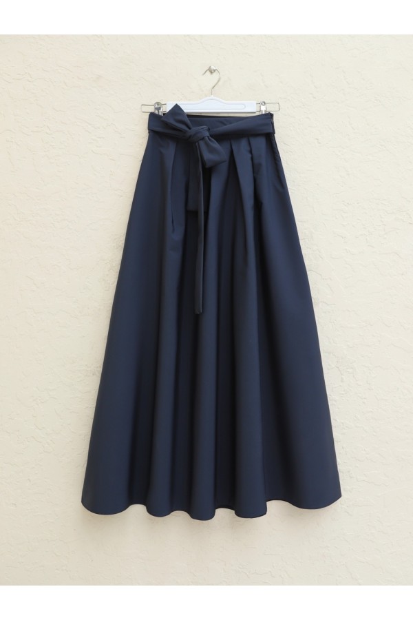 Pleated Bondit Skirt with Tied Waist -Navy blue