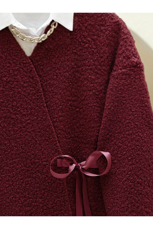 Yandan Bağlamalı Buklet Kimono  -Bordo