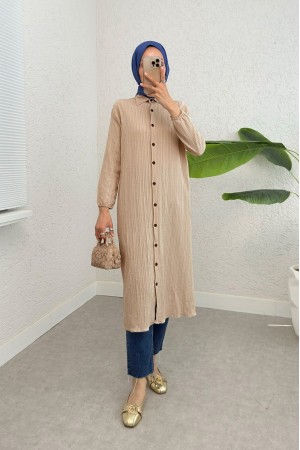 Long Crinkle Tunic with Buttoned Neck and Elastic Sleeves -Mink color