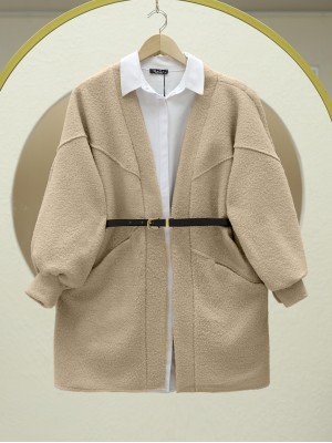 Pocket Balloon Sleeve Oversize Boucle Jacket -Mink color